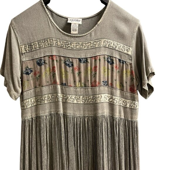 Vintage‎ Jasmine KVM Dress  M Gray Pleated Embroidered Floral Maxi Whimsigoth - Picture 2 of 9